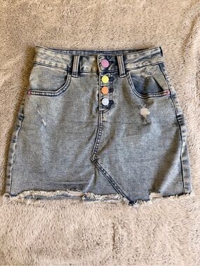 Girls Denim Mini Skirt with Color Pop Buttons - Light Blue